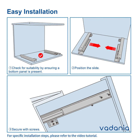 Undermount Drawer Slide 22 Inch, True Bottom Mount, Heavy Duty Concealed Hardware With Soft Close, Quiet Self Close, installation diagram