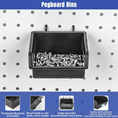 196-Piece Extra Thick Quarter Inch Pegboard Hooks Set Heavy Duty Black Metal Pegboard Accessories with a bin holding screws