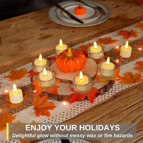Flameless Rechargeable Tea Lights With Remote Timer LED Battery Operated Flickering Candles arranged with pumpkin on table