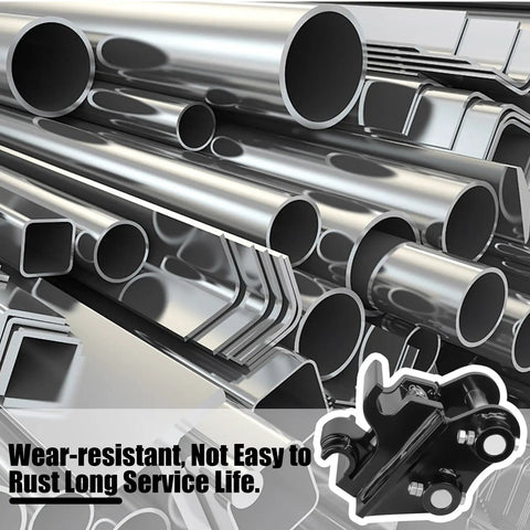 Universal Quick Change Mini Excavator Attachment Connector For Small Diggers visible in close-up with metal pipes background.