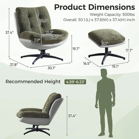 Product dimensions for Oversized 360 Degree Swivel Accent Chair With Ottoman, Heavy Duty 400 Lbs Capacity, in grey