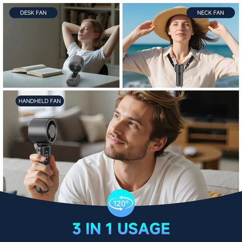 Portable Handheld Turbo Fan With 1 To 100 Gear Wind And All Day Battery Power, Up To 23 Hours Of Cooling, 3 In 1 Personal Fan shown in use