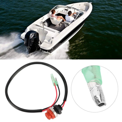 Keyless Start Stop Switch For Outboard Marine Engines, Round Push Button Ignition With 45cm Wire shown with boat on water