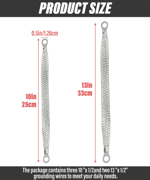 Heavy Duty Universal Automotive Ground Strap Kit Featuring Five Tough Braided Copper Grounding Cables, showing sizes and dimensions.