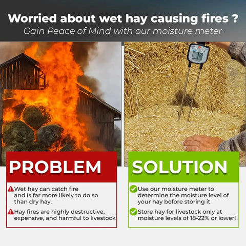 Hay Moisture Meter With Heavy Duty Probe For Hay, Alfalfa, Clover And Grass, Fast Accurate Moisture Readings For Farmers And Livestock Pros, Portable And Easy To Use In The Field showing probe in hay bale