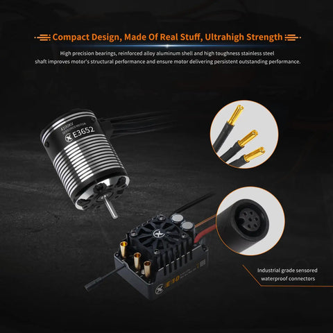Sensored Brushless Motor And ESC Combo For RC Cars With IP67 Waterproofing, shown with connectors and compact design