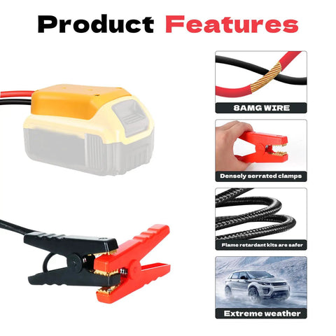 Heavy Duty Jumper Cables With Adapter For 20V Dewalt Battery, 2ft 8AWG wires, clamps, and adapter for jump starting in any weather.
