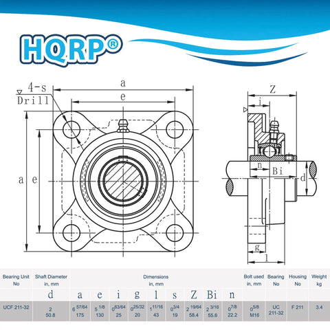 Technical diagram of Self Aligning Pillow Block Bearing With 2 Inch Bore 4 Bolt Flange Mounted Solid Square Base Built Tough Durable Chrome Steel UCF211-32