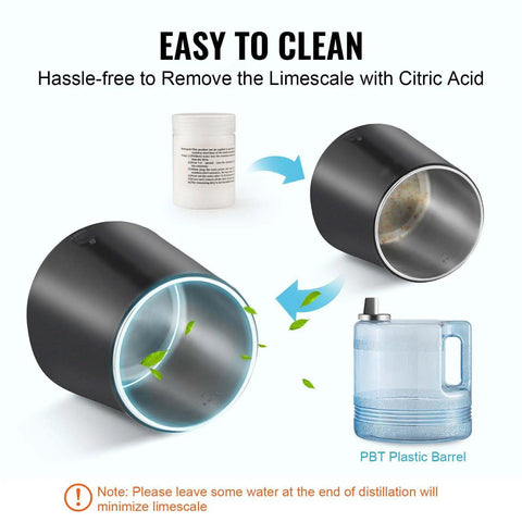 Top Notch Water Distiller With 750 Watt Heater Makes Hella Pure Water For Home Use And CPAP Devices shows easy cleaning process with citric acid.