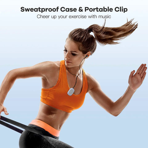Woman running with 8GB Clip MP3 Player With FM Radio Shuffle Sweatproof Silicone Case clipped on orange top