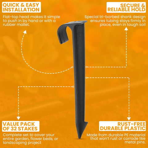 Heavy Duty One-Half Inch Irrigation Tubing Anchor Stakes Six Inch Long, 32-Pack For Securing Garden Hoses, rust-free plastic