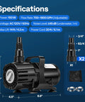 Beefy 100W Submersible Water Pump With Stepless Flow Control For Pond, Aquarium, Fountain, And Waterfall, specifications shown.
