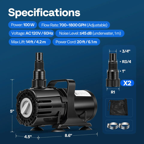 Beefy 100W Submersible Water Pump With Stepless Flow Control For Pond, Aquarium, Fountain, And Waterfall, specifications shown.