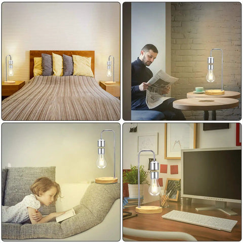 Dope Levitating LED Light Bulb With Wireless Charger used in bedroom, living room, study, and office settings.