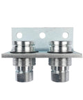 Front view of a silver metal two-coupler hydraulic quick-release break-away bracket with 1/2 in NPT push/pull fittings