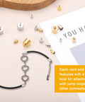 Stainless Steel Cord End Caps 4mm ID Barrel Ends for DIY Jewelry Making, 20 Pack in Gold and Silver Tone with bracelet shown