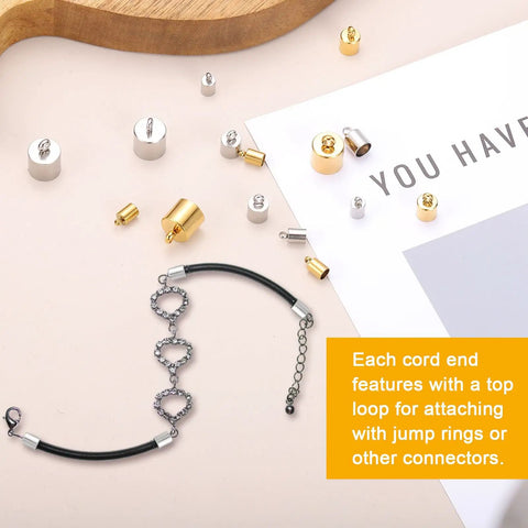 Stainless Steel Cord End Caps 4mm ID Barrel Ends for DIY Jewelry Making, 20 Pack in Gold and Silver Tone with bracelet shown
