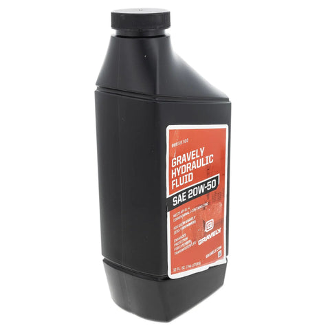 Gravely 20W50 Hydraulic Fluid quart bottle for lawn tractors, skid steers, and heavy equipment, black container, red label