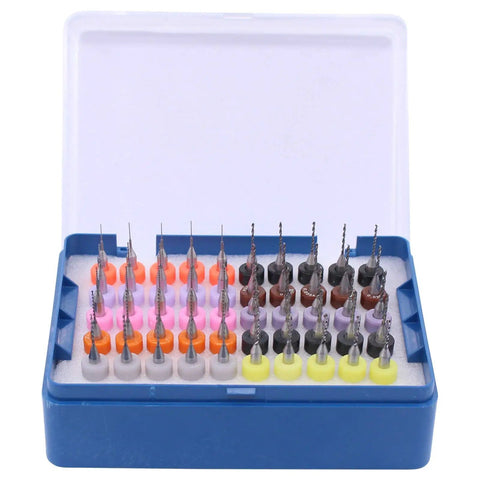 Open box showing Carbide PCB Drill Bit Set Spiral Flute 0.3mm To 1.2mm For Dremel CNC Engraving PCBs Jewelry Stone Glass Etching Pro Grade
