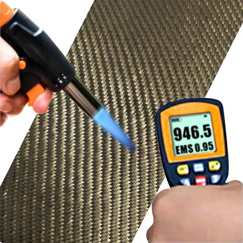 Built Tough 26X48 Inch Reinforced Exhaust Heat Shield Mat With Peel And Stick Adhesive Backing shown being tested with a torch and thermometer.