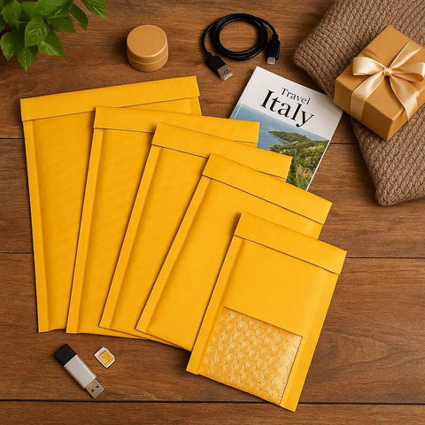6x9 Inch Bubble Mailers 25 Pack Self Seal Padded Envelopes Kraft for Accessories and Lightweight Clothing shown on wooden table