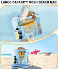 Beach Bag With Built In Detachable Cooler Compartment, Mesh Dry Wet Bag With Zipper Pockets at the beach, holding towels and sunscreen