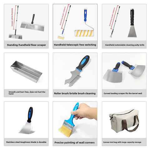 Kickass Drywall Finishing Kit With No Sweat Paint Roller, Stainless Steel Scraper And J Trowel, flexible putty brush and tools.