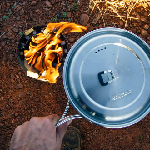 Two Pot Stainless Steel Camp Stove Set With Three Liter And One And A Half Liter Pots, Vent Holes And Silicone Coated Tabs