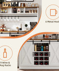Premium White Farmhouse Coffee Bar Cart With Sliding Barn Doors Open Storage Hutch Integrated Wine Rack Solid Wood Serving Counter Top Station, features 6 hooks and 9 wine racks.