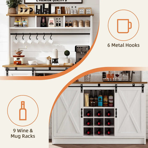 Premium White Farmhouse Coffee Bar Cart With Sliding Barn Doors Open Storage Hutch Integrated Wine Rack Solid Wood Serving Counter Top Station, features 6 hooks and 9 wine racks.