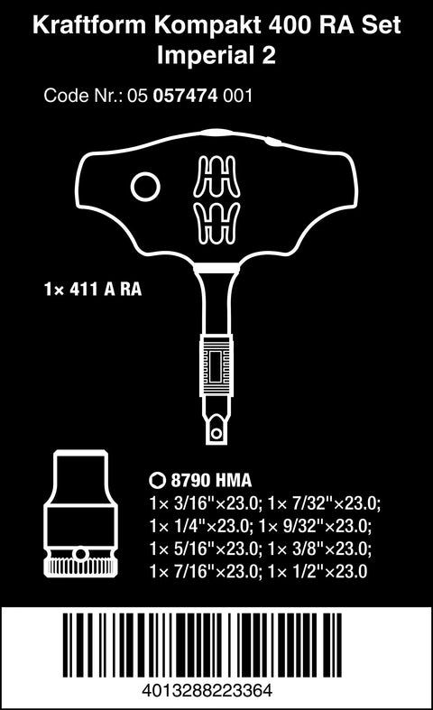 Diagram of Kraftform Kompakt 400 RA Imperial 9-Piece Set With Ergonomic 2-Component Handle Fine-Tooth Ratchet.