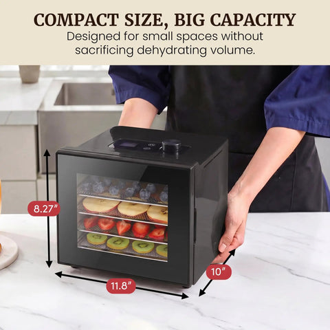 Top Tier Kitchen Workhorse Food Dehydrator With Heavy Duty Stainless Steel Trays and Hella Smooth Temp Controls, compact design with fruit trays.