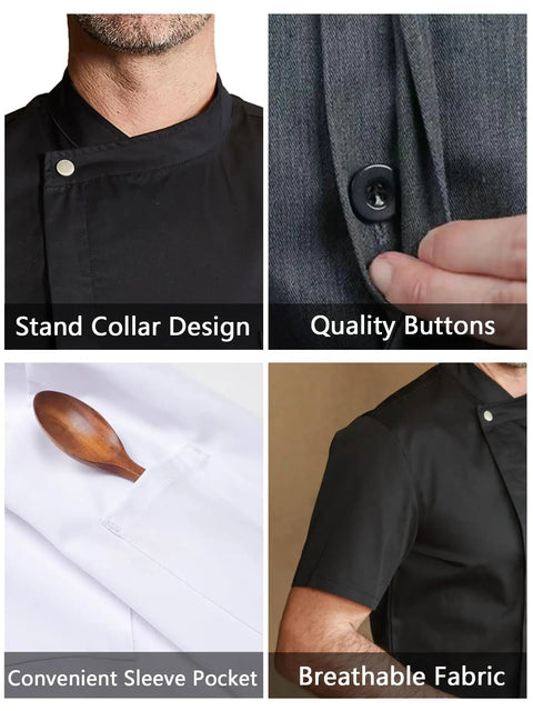 Kickass Black Men Chef Coat With Dope Breathable Mesh Short Sleeve Lightweight Jacket For Kitchen And Bakery Uniform showcasing stand collar and quality buttons.