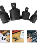 Hustle Hard With 4 Pieces Ratchet Socket Adapter Conversion Kit For Tight Spots, Easy Drive And Repair Jobs In 1/4 Inch 3/8 Inch And 1/2 Inch Sizes Black Power Tools That Crush Any Challenge. 4 black plastic ratchet socket adapters in 1/4, 3/8, and 1/2 inch sizes