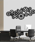 Kickass Steampunk Gear Wheel Metal Wall Decor For Living Room Or Man Cave Vintage Industrial Factory Style Wall Art Pieces, black gear decor in an office setting.