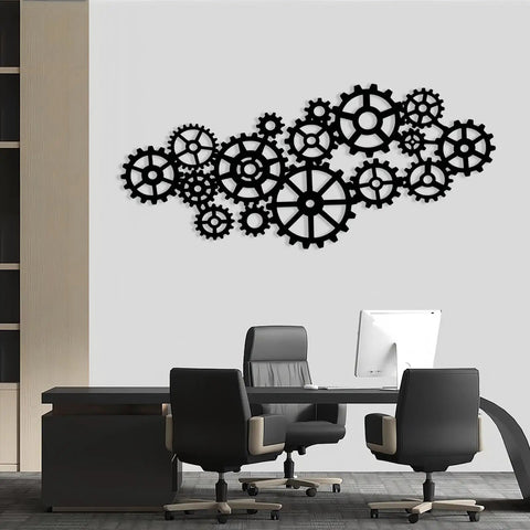 Kickass Steampunk Gear Wheel Metal Wall Decor For Living Room Or Man Cave Vintage Industrial Factory Style Wall Art Pieces, black gear decor in an office setting.