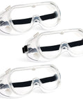 Three clear anti-fog goggles with adjustable straps, 3 Pack Clear Anti-Fog Safety Goggles With Adjustable Strap ANSI Z87.1 Chemical Splash Resistant.