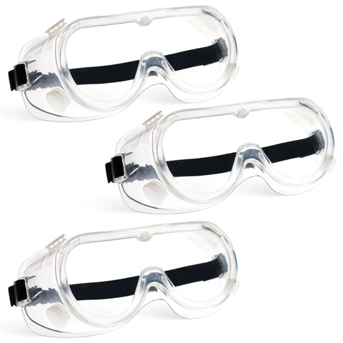 Three clear anti-fog goggles with adjustable straps, 3 Pack Clear Anti-Fog Safety Goggles With Adjustable Strap ANSI Z87.1 Chemical Splash Resistant.