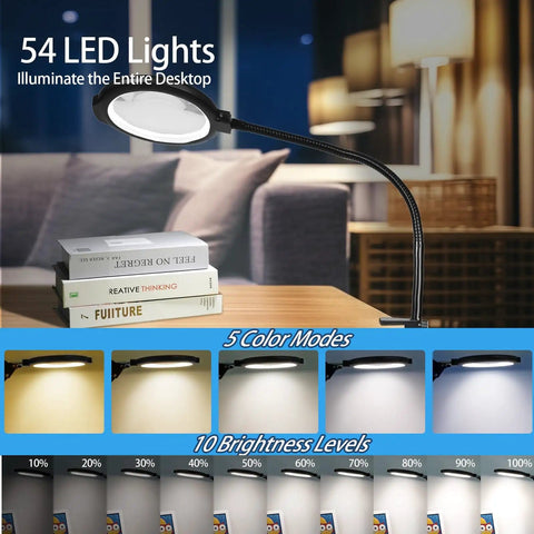 12X Lighted Floor Magnifier with Flexible Gooseneck Clamp Stand on desk, five color modes, adjustable brightness, 54 LED lights