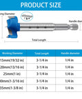 Top Notch 5 Piece Adjustable Depth Forstner Drill Bit Set With Hex Shank Carbide Tipped dimensions chart, sizes from 15mm to 35mm.
