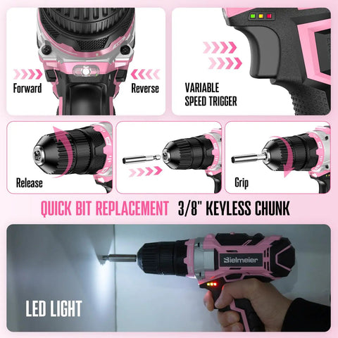 Instructions for Pink 20V Cordless Drill Kit With 236 Piece Home Tool Set And Pink Carry Bag For Women Handy DIY Electric Screwdriver