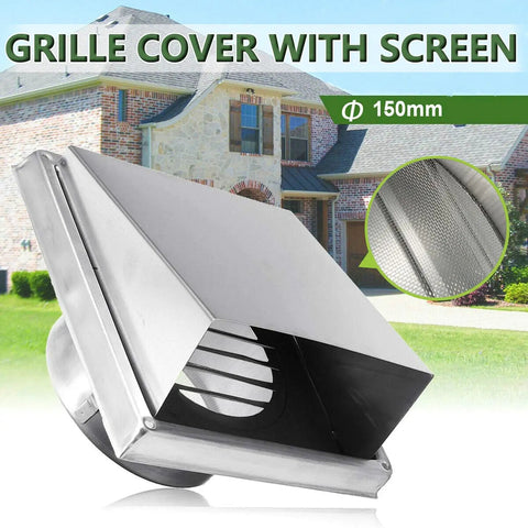 Pro Grade Six Inch Stainless Steel Square External Exhaust Vent Cover With 45 Degree Louvers And Mesh Screen displayed on house exterior