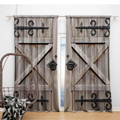Western Vintage Barn Door Curtain Set 82x84 Inches Brown Wooden Dope Look Polyester Drapes for Rustic European Bedroom Decor