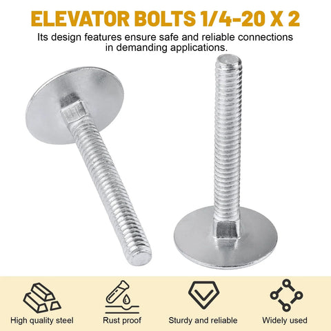 Elevator bolts 1/4-20 x 2, zinc-plated steel with flat washer heads; 2 bolts shown