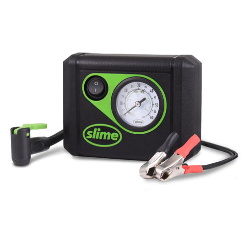 Close-up of tire inflator and booster cables from Emergency Roadside Kit For Moto And Off Road On The Go With Flat Tire Repair And Booster Cables Ride Ready 34 Piece Compact Kit For Bikes ATVs Scooters And Dual Sport Rides