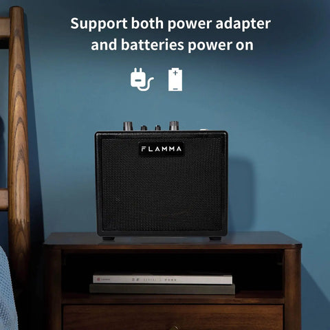 5 Watt Electric Guitar Amplifier Combo With Bluetooth And Headphone Output, 7 Preamp Models on a nightstand, power options shown