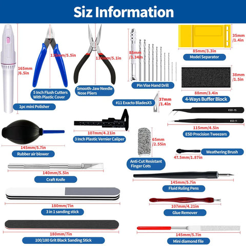 40 Piece Model Tools Kit For Gundam Building And Repair with labeled nippers, cutters, tweezers, sanding sticks, and air blower.