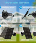 Installation guide for 4W High Efficiency Solar Panel For Blink Outdoor Cameras, showing wall mount, panel attachment, adjustment, and camera connection