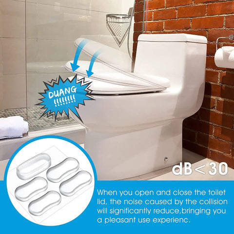 White toilet with 20 Piece Silicone Toilet Seat Bumper Kit With Strong Adhesive, showing lid cushioning and noise reduction feature.