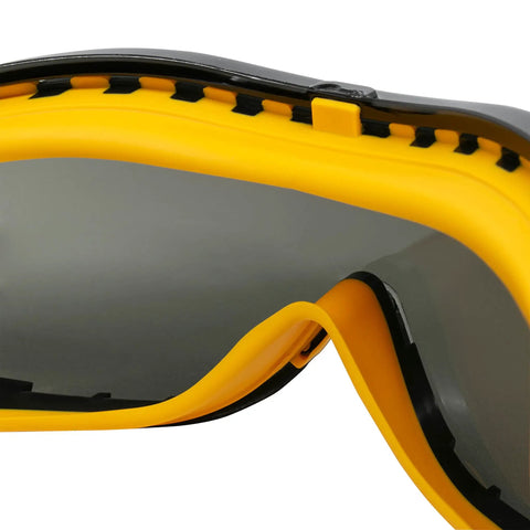 Close-up of Concealer Smoke Anti Fog Dual Mold Safety Goggles with ToughCoat Scratch Resistant Lens and soft dual injected rubber seal.